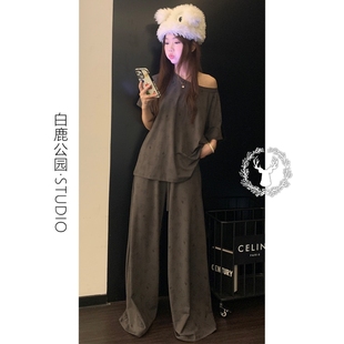 家居服套装 休闲慵懒风卡通凯蒂猫露肩睡衣女夏季 长裤 2025新款 短袖