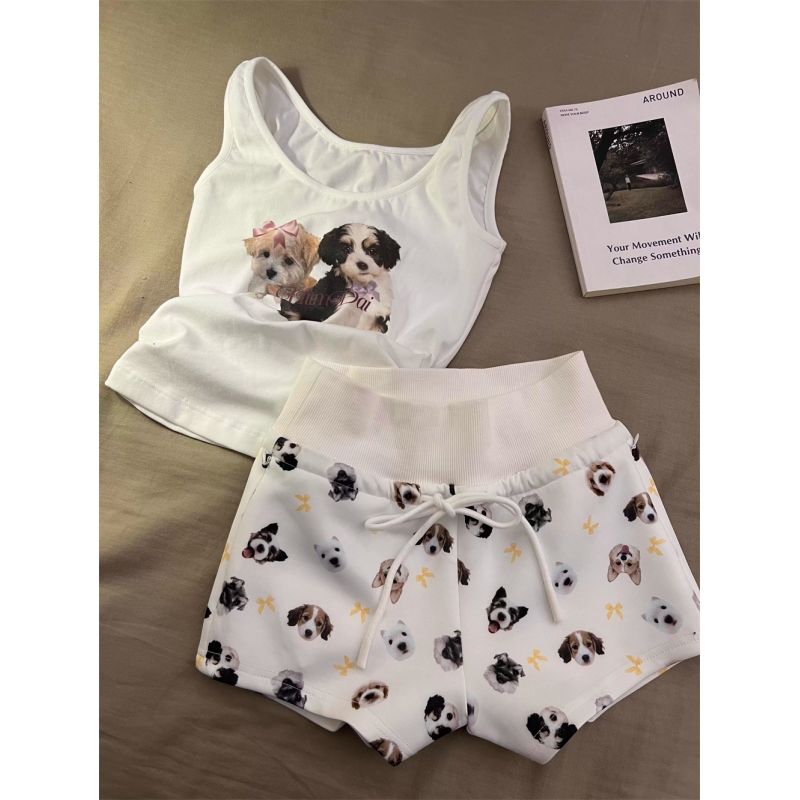 韩系可爱小狗无袖睡衣女家居服夏