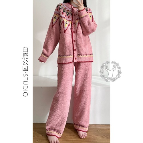 针织半边绒睡衣女冬季家居服套装