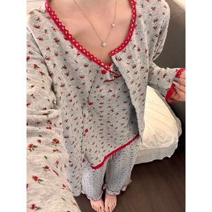 法式高级感甜美风碎花吊带睡衣女春秋季新款开衫长裤家居服三件套