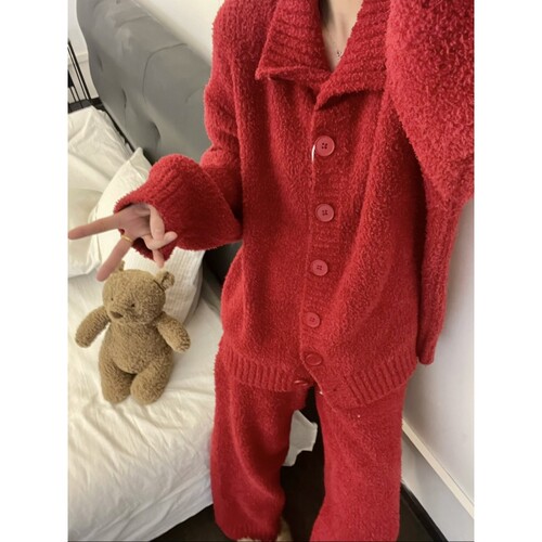 半边绒睡衣女冬季保暖家居服套装