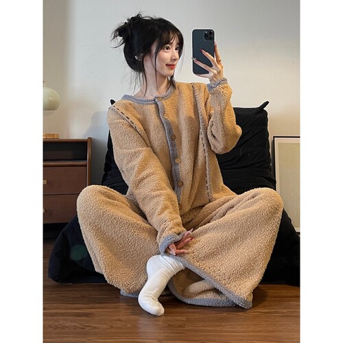 针织半边绒睡衣女冬季家居服套装