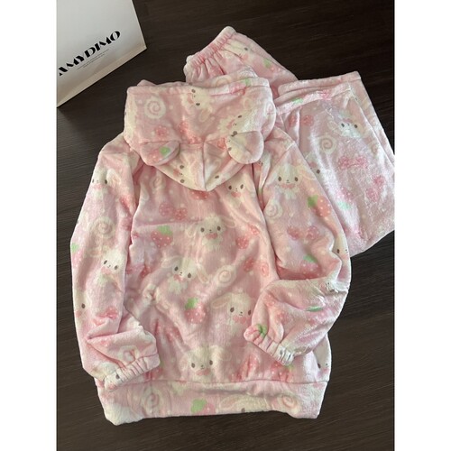 连帽珊瑚绒睡衣女冬季家居服套装
