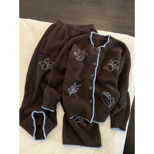 少女韩版美拉德复古风针织半边绒睡衣女冬季加厚可外穿家居服套装