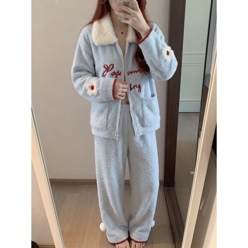 针织半边绒睡衣女冬季家居服套装