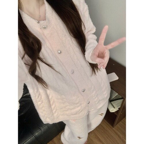 针织半边绒睡衣女冬季家居服套装