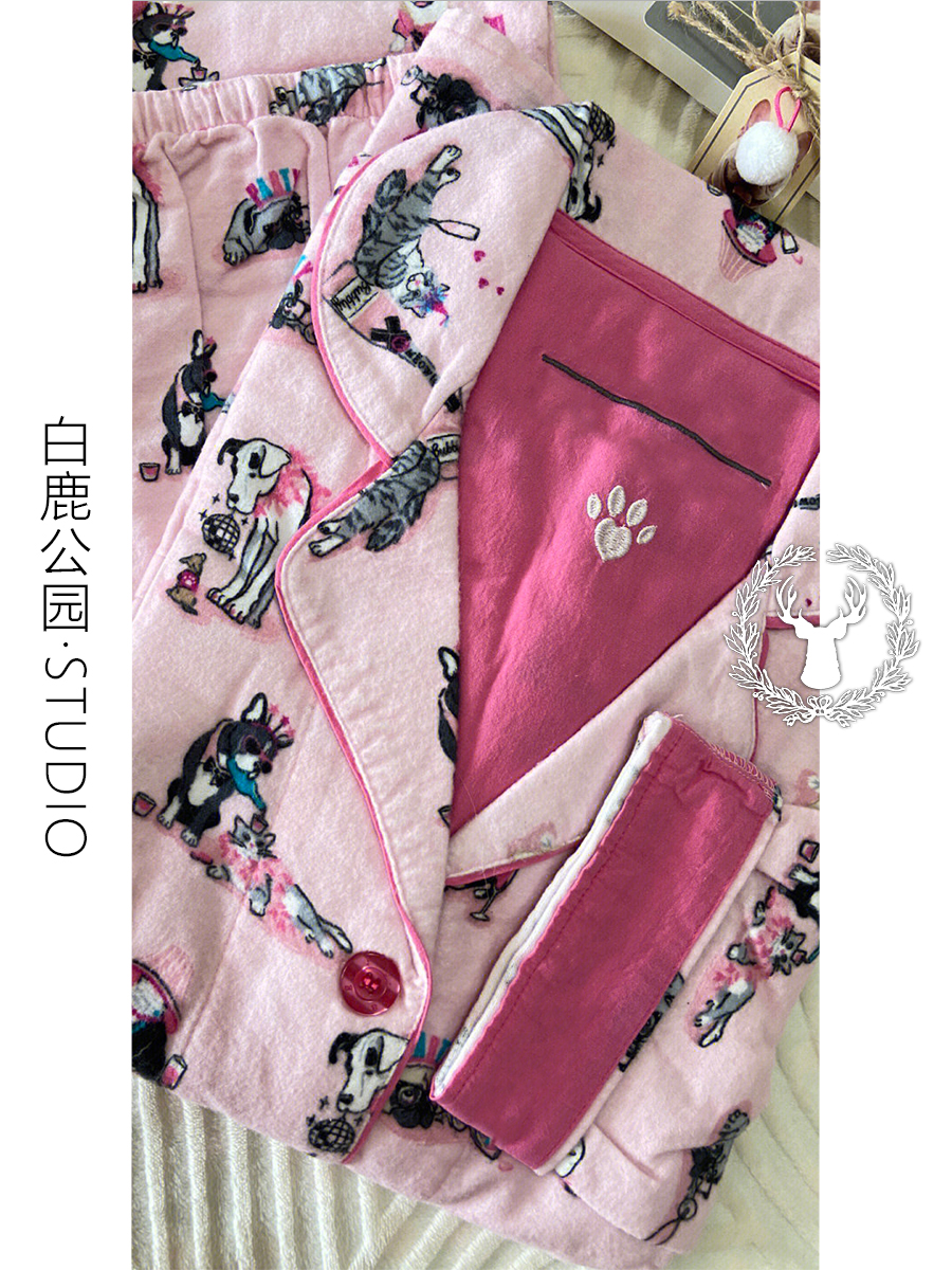 少女粉动物印花长袖睡衣女春秋季