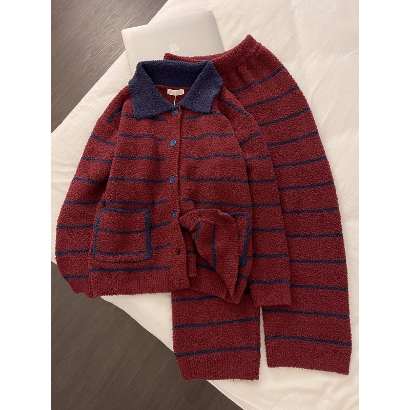 半边绒睡衣女冬季保暖家居服套装