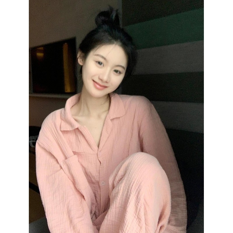 少女温柔风纯色软糯棉纱睡衣女春秋款新款大码纯棉亲肤家居服套装