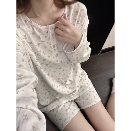 睡衣女春夏季长袖短裤家居服套装