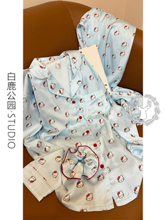 韩版HelloKitty印花冰丝睡衣女款2025新款春秋高级感夏家居服套装