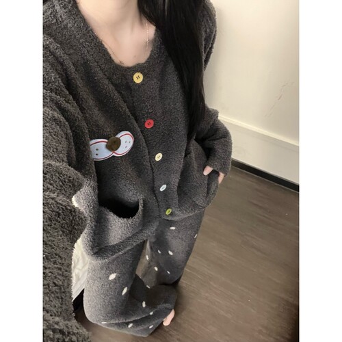 针织半边绒睡衣女冬季家居服套装