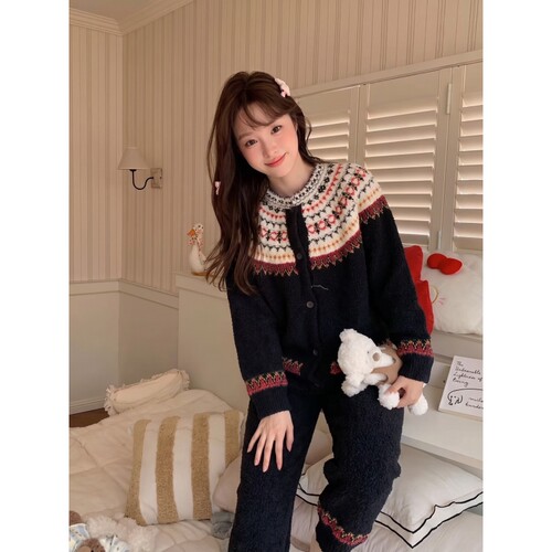 半边绒睡衣女冬季保暖家居服套装
