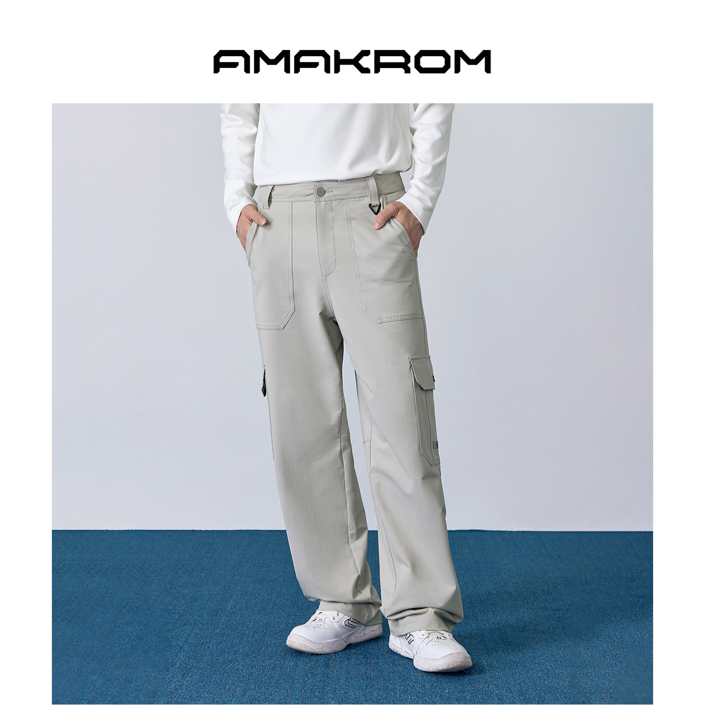 AMAKROM柔软弹力舒适 袋盖内格纹拼接 工装裤直筒长裤
