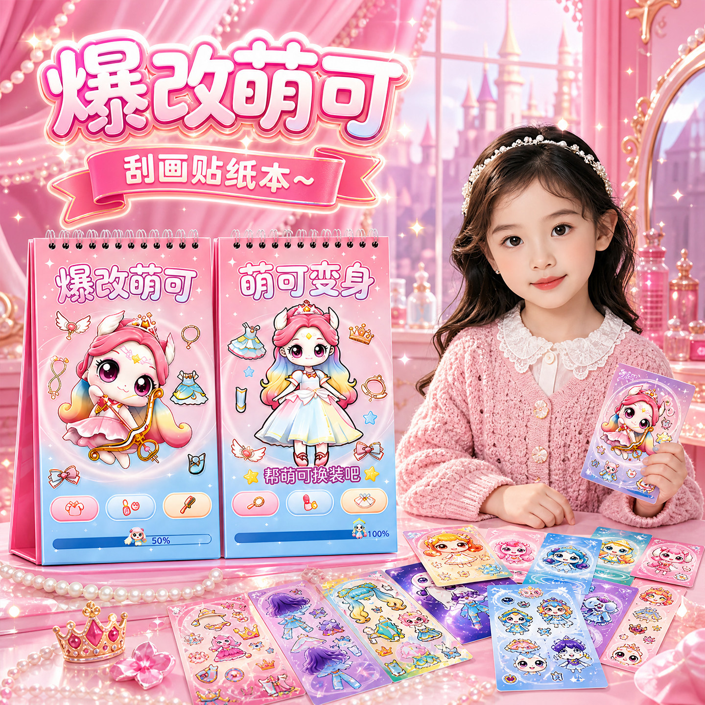 爆改萌可刮画贴纸本儿童女孩3-6岁幼儿园少女玩具生日礼物套装礼盒装新款可爱卡通高颜值换装贴纸书立体贴画