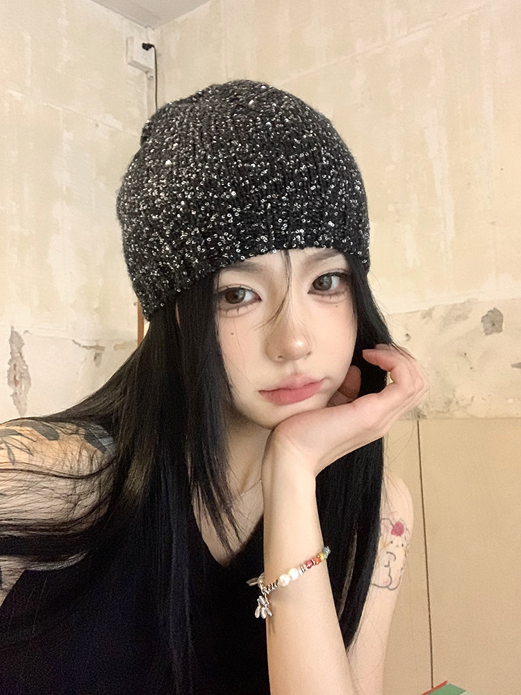 韩国潮牌帽子2025春夏女式薄亮片针织帽小香款包头帽冷帽