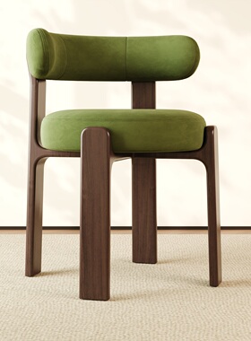 现代简约实木复古家用靠背餐桌椅中古风白蜡木软包化妆绿色椅子