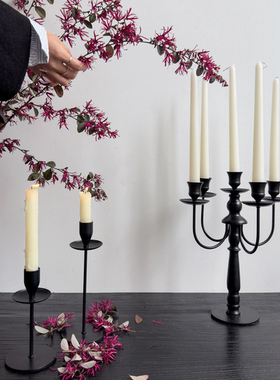 复古高脚铁艺烛台餐桌装饰摆件法式浪漫烛光晚餐复古黑色蜡烛台