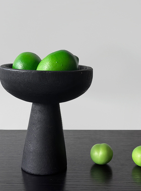 侘寂风黑色高脚小果盘复古做旧实木托盘果篓民宿家用高级装饰摆件