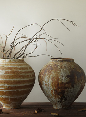 侘寂风手工复古粗陶花瓶摆件可水培鲜花插花瓶民宿禅意干花花器