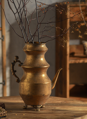 侘寂风复古金色铁艺花瓶插花干花做旧酒壶艺术花器民宿酒店摆件