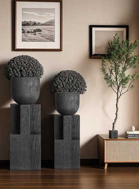 侘寂风实木落地花架置物架阳台碳化黑色木墩花盆民宿酒店装饰摆件