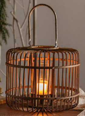 侘寂风竹编灯笼装饰蜡烛台复古原木风灯中古风民宿家用玄关摆件