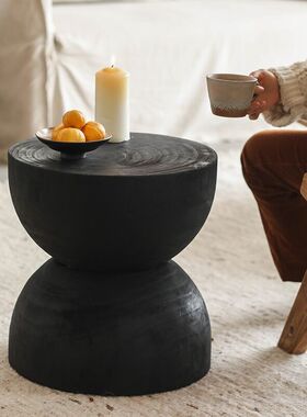 侘寂风创意沙发茶几民宿装饰凳子复古客厅实木碳黑色漏斗型小边几