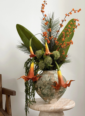 复古仿真花束高档花艺套餐新年南蛇藤假花客厅花瓶陶罐民宿摆件