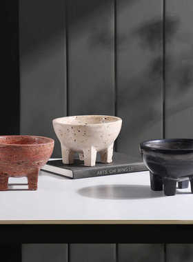 侘寂风大理石四足果盘客厅茶几家用高级感装饰摆件洞石收纳托盘