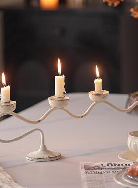 侘寂风白色做旧三头铁艺烛台浪漫烛光晚餐酒壶蜡烛台创意装饰摆件