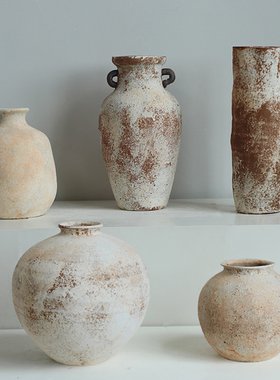 侘寂风粗陶罐高级感花瓶插花摆件民宿软装景德镇复古水培花器套餐