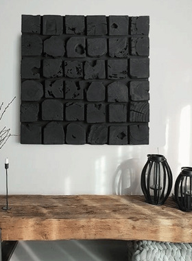 侘寂风实木立体装饰画客厅玄关壁饰民宿仿古黑色碳化木浮雕挂画