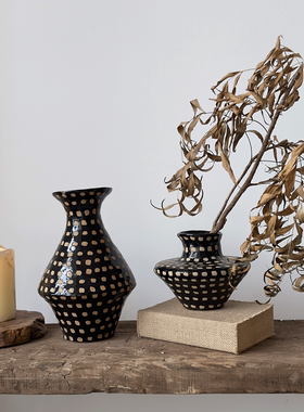侘寂风波点黑色花瓶高级感大肚陶罐高级感软装组合套餐水培花器