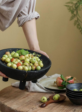 侘寂风黑色四脚木质果盘家用客厅茶几圆形托盘民宿玄关装饰小茶盘