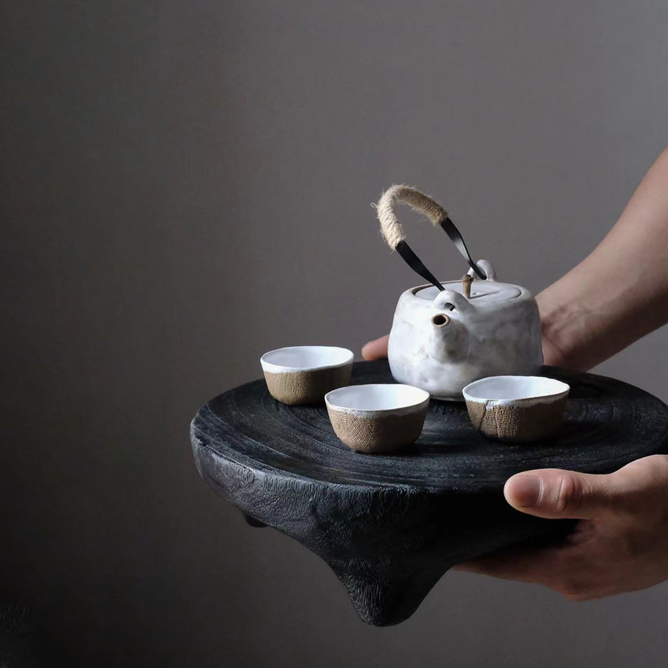 侘寂风手工实木小型茶盘客厅家用黑色托盘家居装饰品禅意茶台摆件