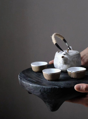 侘寂风手工实木小型茶盘客厅家用黑色托盘家居装饰品禅意茶台摆件