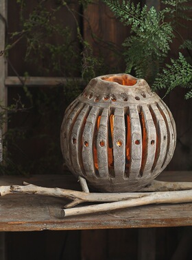 侘寂风实木镂空烛台风灯复古做旧民宿软装造景摆件台灯灯具装饰