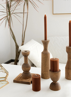 复古木制烛台蛋糕甜品台家用装饰摆件民宿侘寂风玄关蜡烛台工艺品