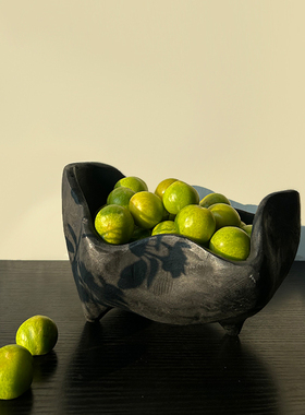 侘寂风复古实木托盘黑色元宝木质果盘点心盘创意做旧收纳盘摆件