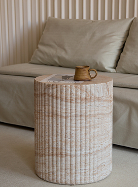 侘寂风仿洞石边几氧化镁小圆几创意高级齿轮造型民宿多功能小茶几