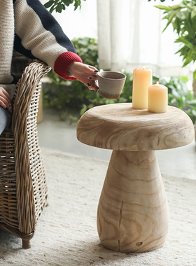侘寂风实木蘑菇沙发边几矮凳民宿软装造景迷你装饰小茶几装饰摆件