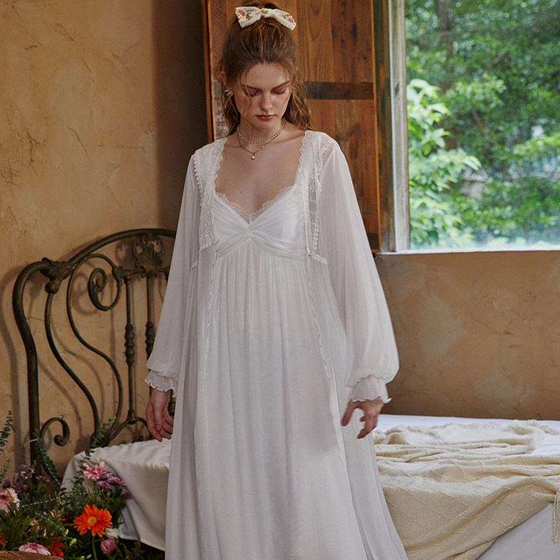 长款蕾丝宫廷风睡衣女款吊带睡裙女家居服原创性感高级网纱两件套