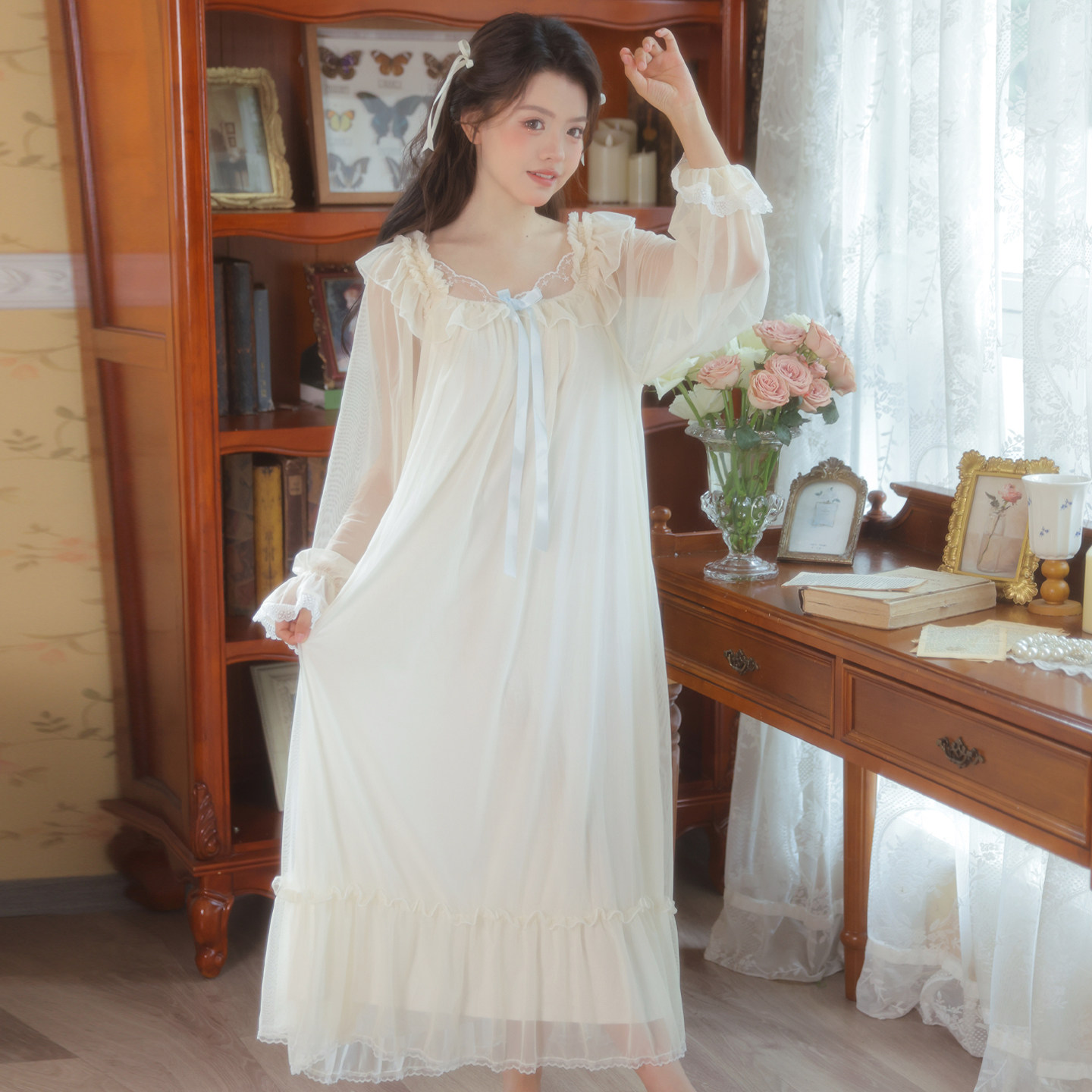 莫代尔女士网纱薄款睡裙女款2026新款高级感可爱法式宫廷风睡衣夏