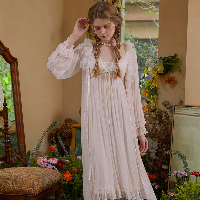 法式宫廷风睡衣女带胸垫蕾丝性感春秋女款网纱吊带睡裙高级两件套