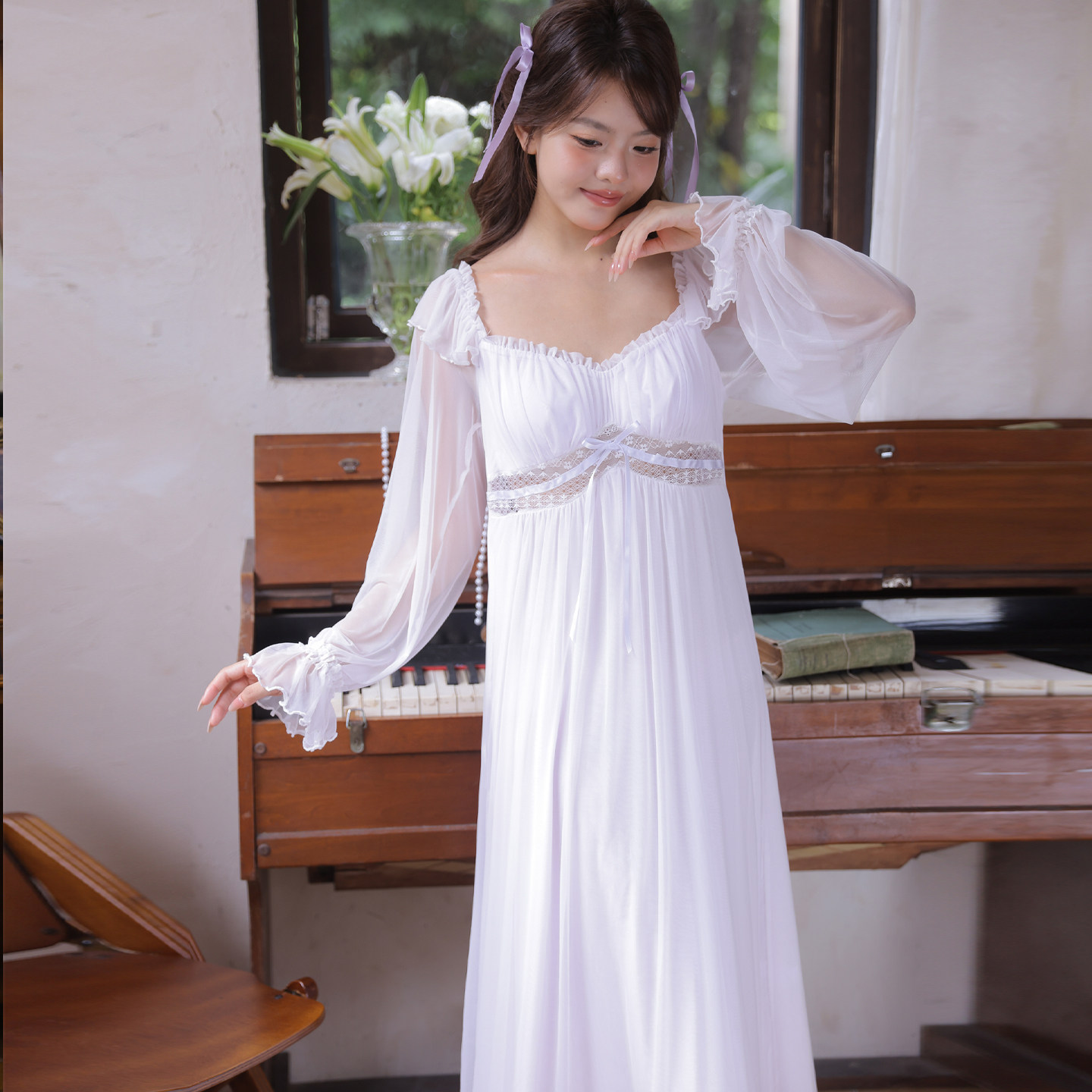 宫廷风法式莫代尔网纱蕾丝长袖睡裙女款2026新款性感女带胸垫睡衣