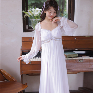 宫廷风法式莫代尔网纱蕾丝长袖睡裙女款2026新款性感女带胸垫睡衣