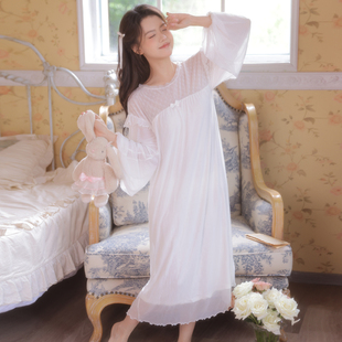莫代尔睡衣少女 甜美亲肤蕾丝小圆领公主风睡裙复古双层网纱泡泡袖