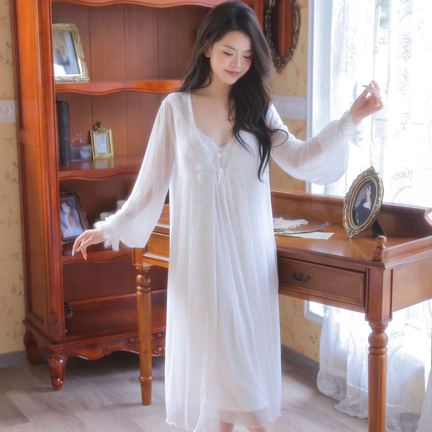 宫廷风蕾丝吊带睡裙女性感两件套