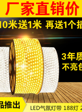 灯带led灯条220v高压吊顶室外防水暖白蓝色超亮180灯条120颗灯珠